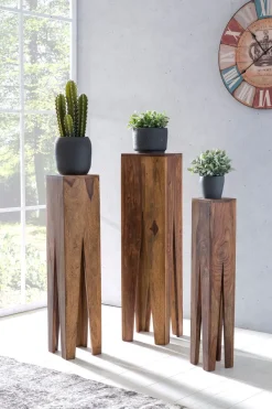 Satztisch FineBuy Massivholz Blumentisch 3er Set Säulentisch Dekosäule Eckig