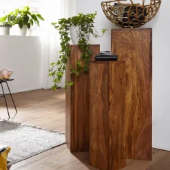 Satztisch FineBuy Massivholz Blumentisch 3er Set Säulentisch Dekosäule Eckig