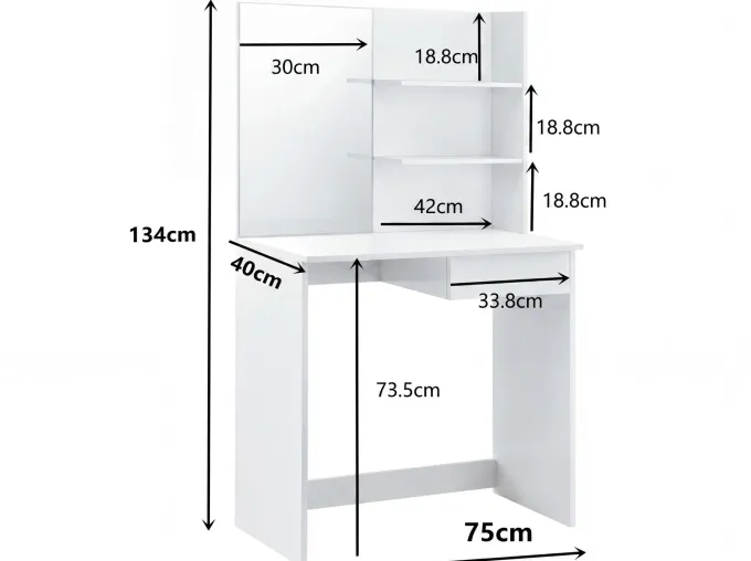 Schminktisch 75cm Kosmetiktisch Frisiertisch Weiß Spiegel Make-Up-Tisch Regal