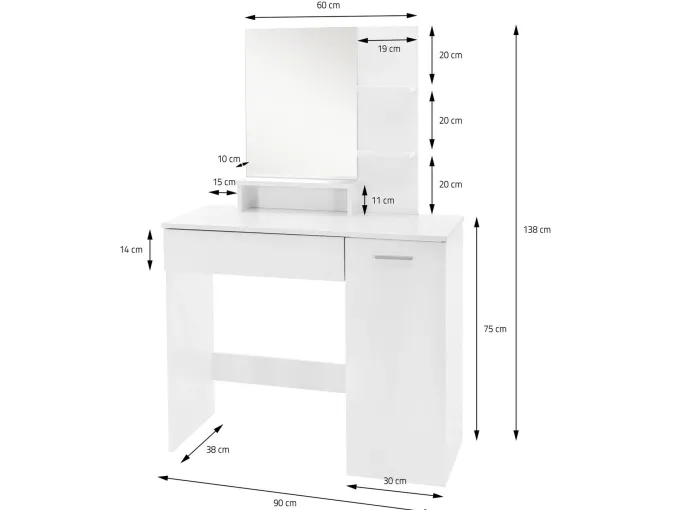 Schminktisch 90cm Kosmetiktisch Frisiertisch Weiß Spiegel Make-Up-Tisch Regal