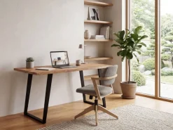 Schreibtisch FineBuy Akazie Massivholz Metall Bürotisch Computertisch Baumkante