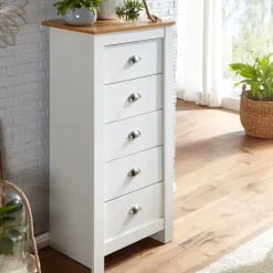 Schubladenkommode 53cm mit 5 Schubladen in MDF Weiß mit Eiche Kommode Sideboard