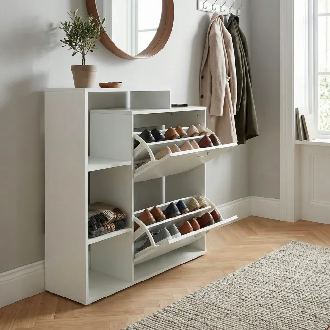 Schuhkipper Holz 2 Fächer Weiß 12 Paar Schuhe Schuhschrank Schuhkommode Ablage