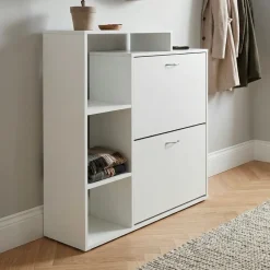 Schuhkipper Holz 2 Fächer Weiß 12 Paar Schuhe Schuhschrank Schuhkommode Ablage