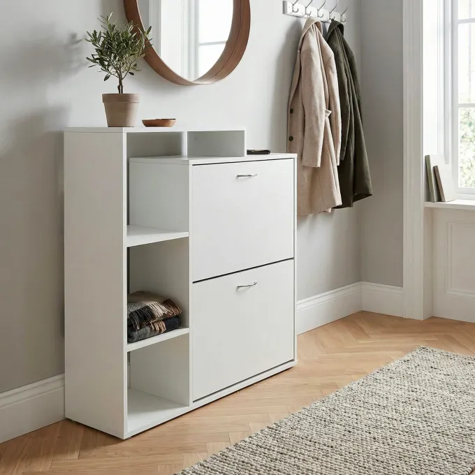 Schuhkipper Holz 2 Fächer Weiß 12 Paar Schuhe Schuhschrank Schuhkommode Ablage
