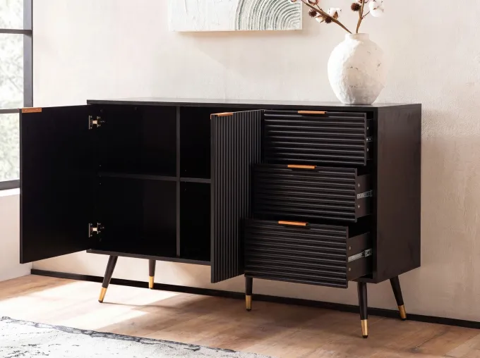 Sideboard 120cm Kommode mit 2 Türen & 3 Schubladen in MDF Eiche Schwarz Dekor
