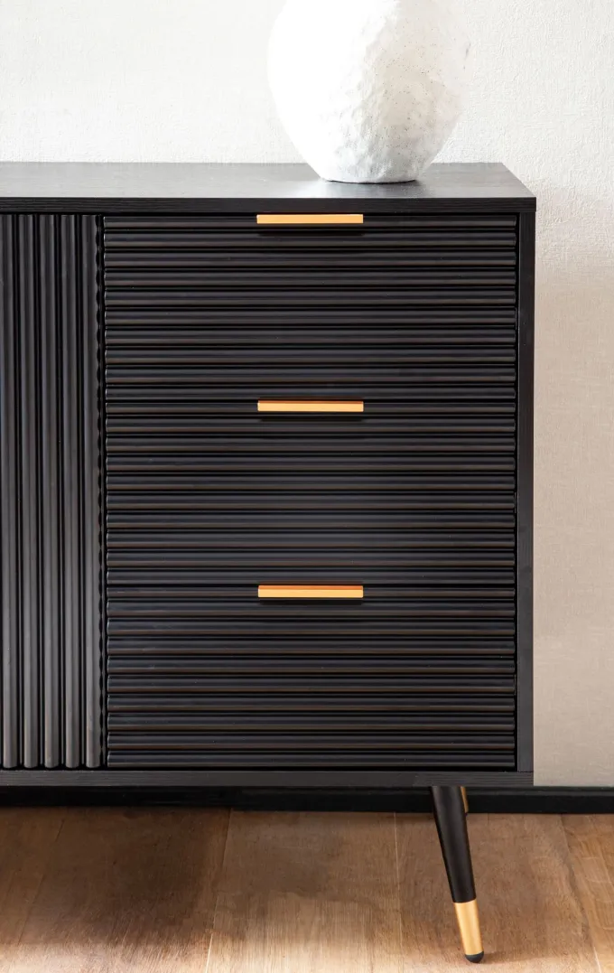 Sideboard 120cm Kommode mit 2 Türen & 3 Schubladen in MDF Eiche Schwarz Dekor