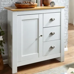 Sideboard 80 cm MDF Weiß & Eiche Dekor Design Kommode mit 3 Schubladen & 1 Tür