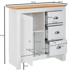 Sideboard 80 cm MDF Weiß & Eiche Dekor Design Kommode mit 3 Schubladen & 1 Tür