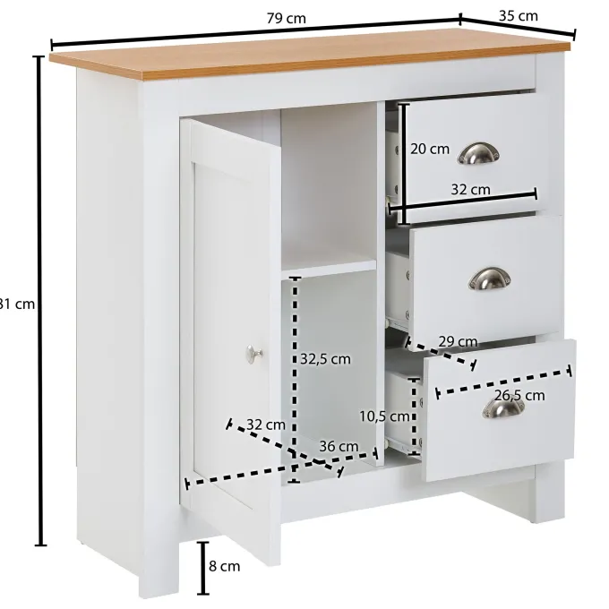 Sideboard 80 cm MDF Weiß & Eiche Dekor Design Kommode mit 3 Schubladen & 1 Tür
