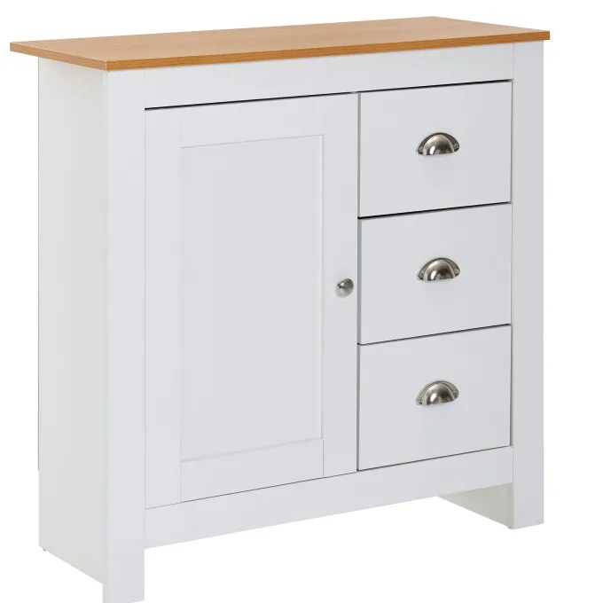 Sideboard 80 cm MDF Weiß & Eiche Dekor Design Kommode mit 3 Schubladen & 1 Tür