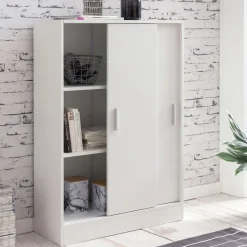 Sideboard 60cm Weiß mit 2 Schiebetüren Aktenschrank Kommode in modernem Design