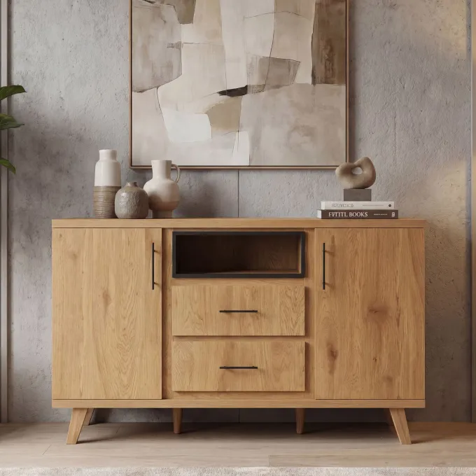 Sideboard Eiche Dekor 150cm Kommode Anrichte Standschrank mit Türen Schubladen