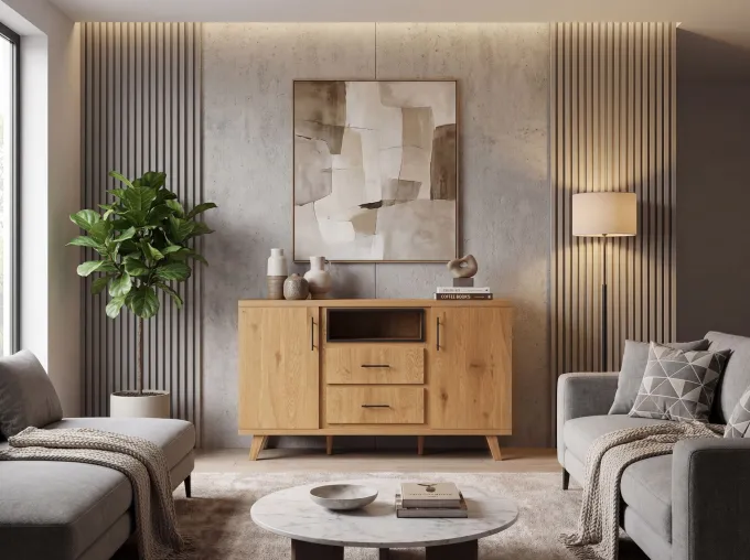 Sideboard Eiche Dekor 150cm Kommode Anrichte Standschrank mit Türen Schubladen