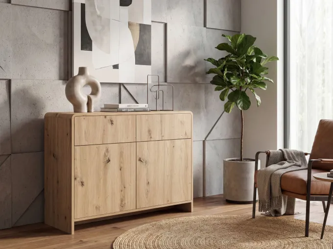 Sideboard Eiche Dekor 88cm Kommode Anrichte Standschrank mit Türen Schubladen