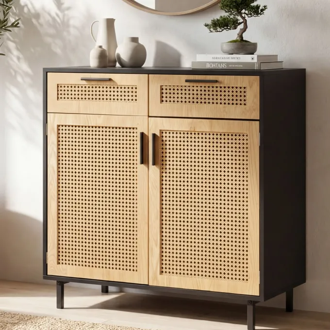 Sideboard FineBuy Anrichte 80 cm Schwarz Kommodenschrank mit Wiener Geflecht