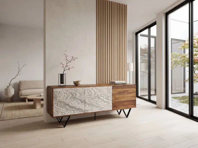 Sideboard FineBuy 175 cm Anrichte Massivholz Steinoptik Kommode Türen Schubladen