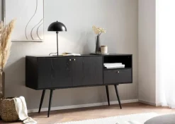 Sideboard FineBuy 140cm Eiche Dekor Schwarz mit 2 Türen Schublade & Ablage Kommode