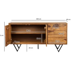 Sideboard FineBuy Kommode Sheesham Massivholz 150 cm Türen Steinoptik Schubladen