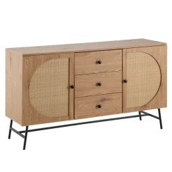 Sideboard in Eiche Dekor 140 cm Kommode mit 2 Türen & 3 Schubladen aus Wiener Rattan Geflecht Design