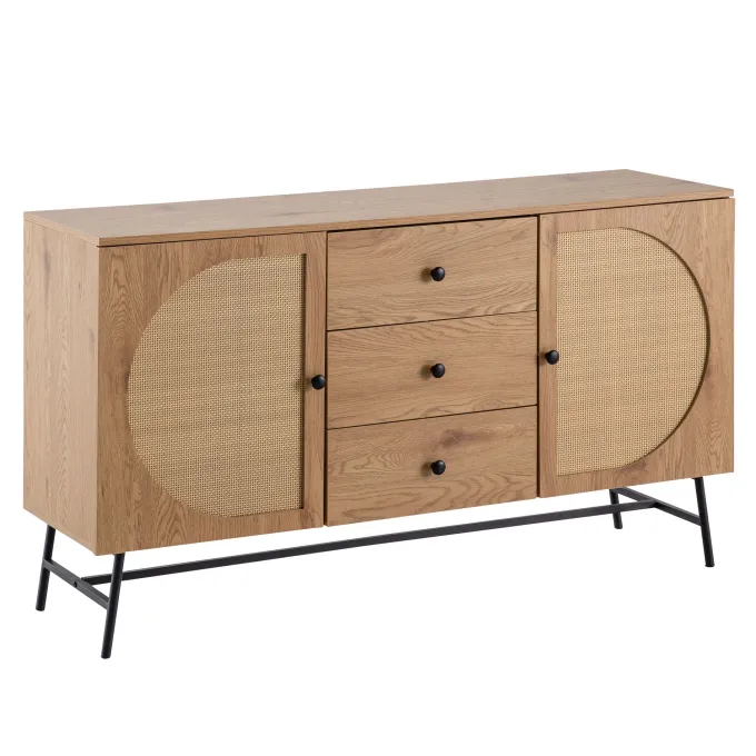 Sideboard in Eiche Dekor 140 cm Kommode mit 2 Türen & 3 Schubladen aus Wiener Rattan Geflecht Design