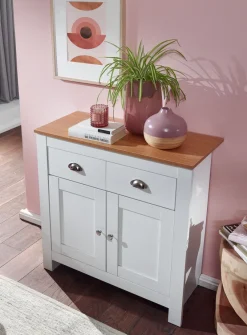 Sideboard MDF Weiß - Eiche 80cm Kommode mit 2 Schubladen & 2 Türen modernes Design