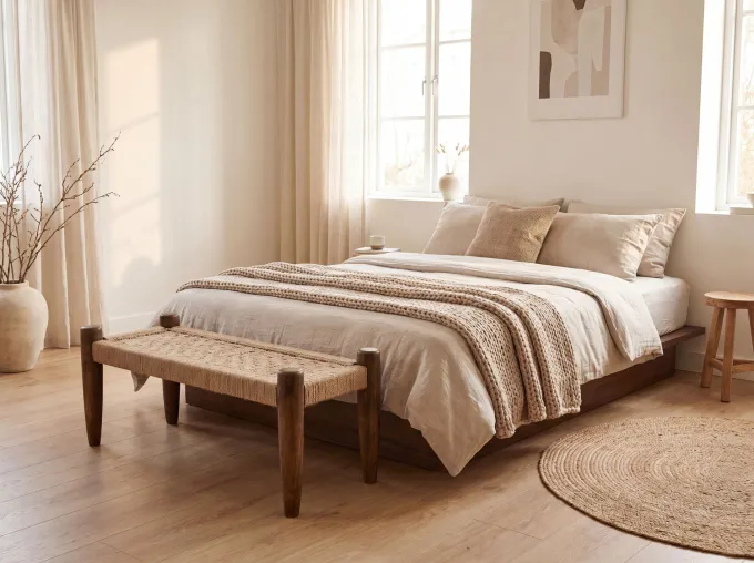 Sitzbank 120cm Jute Flurbank Massivholz Holzbank Bettbank Schlafzimmer Bank