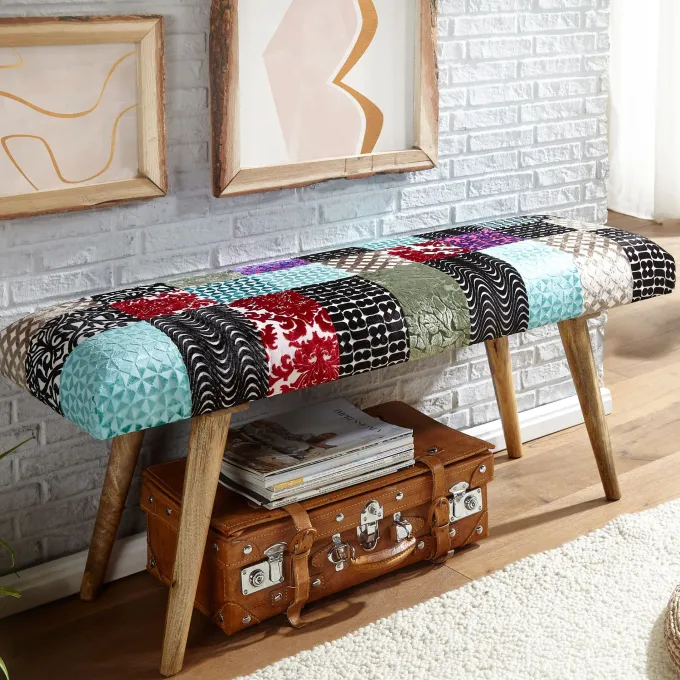 Sitzbank FineBuy Bettbank Samt 117 cm Patchwork Flurbank Polsterbank Bank Modern
