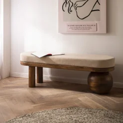 Sitzbank FineBuy Flurbank Stoff Holz Massiv 140 cm Polsterbank Bank Beige Modern