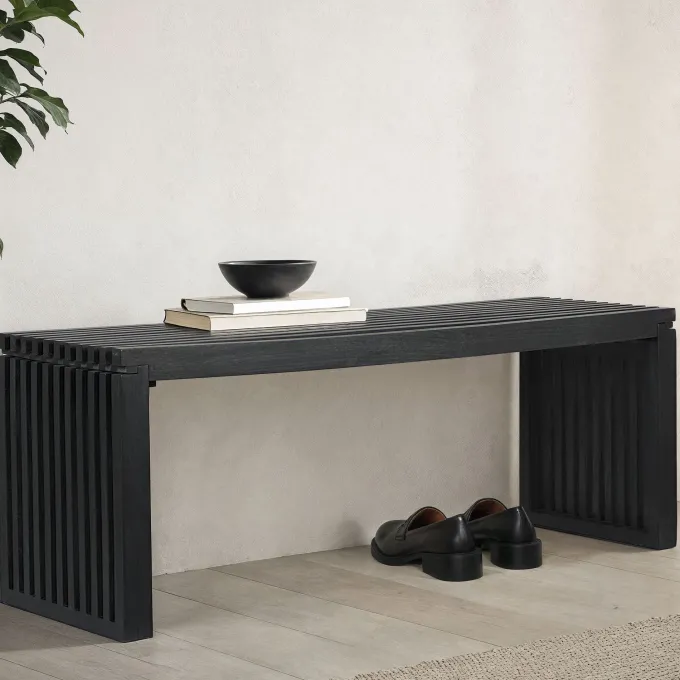Sitzbank FineBuy Garderobenbank Akazie Massivholz 120 cm Schwarz Flurbank Klein