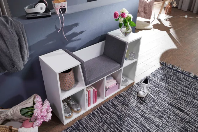 Sitzbank mit Stauraum Regal Weiß mit Sitzauflage in Grau Garderobe Standregal Garderobenbank