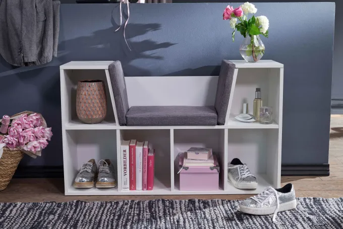 Sitzbank mit Stauraum Regal Weiß mit Sitzauflage in Grau Garderobe Standregal Garderobenbank