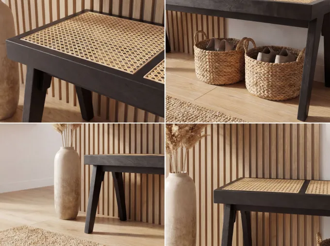 Sitzbank Rattan Massivholz 120cm Bettbank Holzbank Flurbank Design Bank Handmade