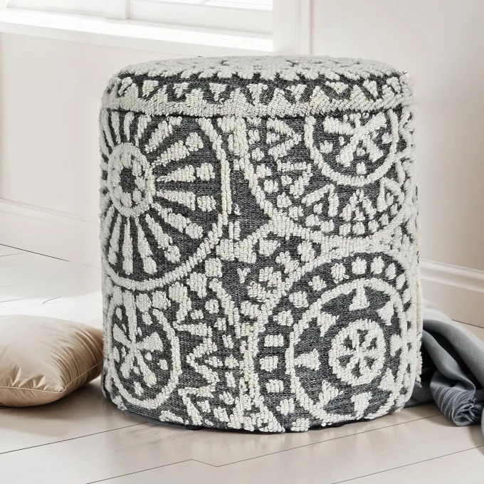 Sitzhocker FineBuy Aufbewahrungshocker Wolle rund 40 cm Stauraum Boho Design