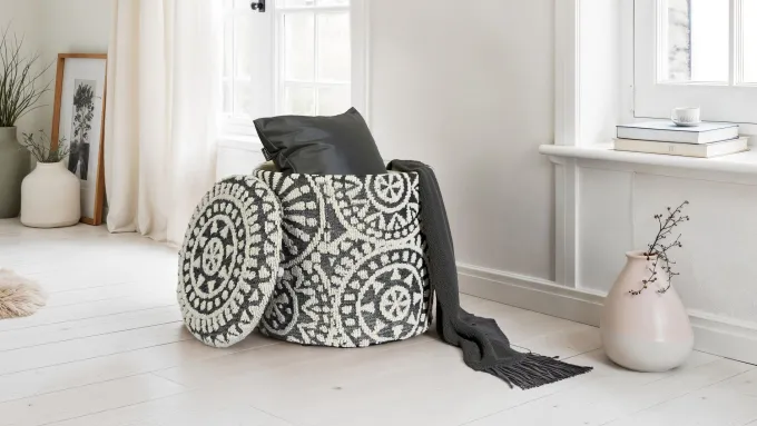 Sitzhocker FineBuy Aufbewahrungshocker Wolle rund 40 cm Stauraum Boho Design