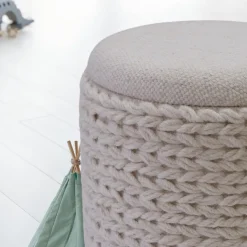 Sitzhocker FineBuy Hocker mit Stauraum Wolle rund 40x40x45 cm Creme Weiß Boho