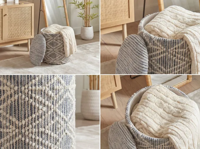 Sitzhocker mit Stauraum Stoff 40cm Grau Stoffhocker Rund Polsterhocker Hocker