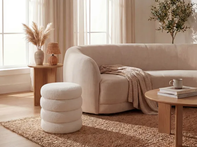 Sitzhocker mit Stauraum Teddy Stoff 40cm Creme Stoffhocker Rund Polsterhocker