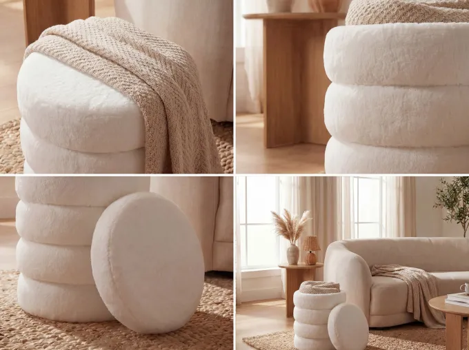 Sitzhocker mit Stauraum Teddy Stoff 40cm Creme Stoffhocker Rund Polsterhocker