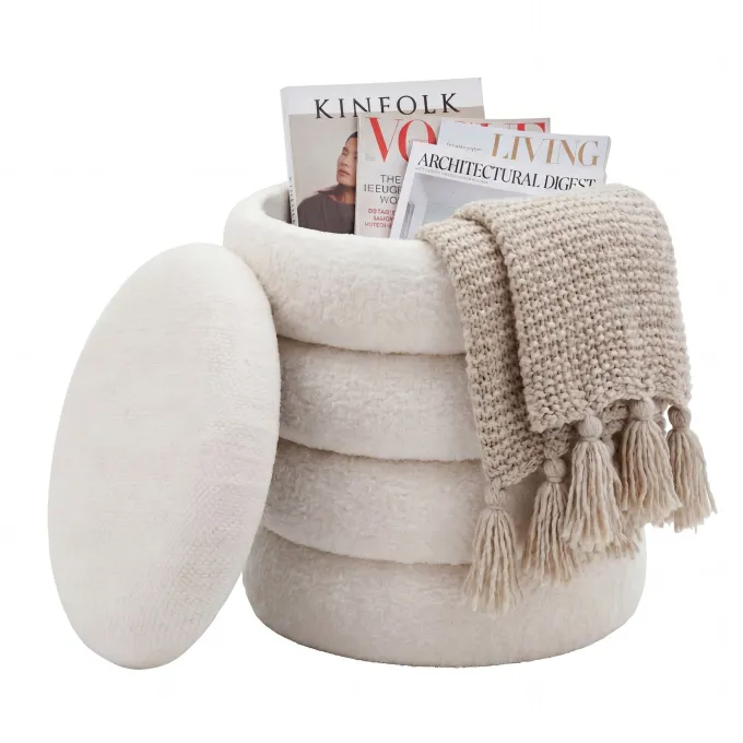 Sitzhocker mit Stauraum Teddy Stoff 40cm Creme Stoffhocker Rund Polsterhocker