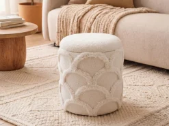 Sitzhocker mit Stauraum Teddy Stoff 40cm Creme Stoffhocker Rund Polsterhocker