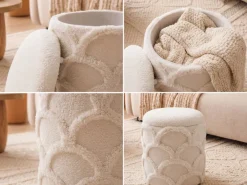 Sitzhocker mit Stauraum Teddy Stoff 40cm Creme Stoffhocker Rund Polsterhocker