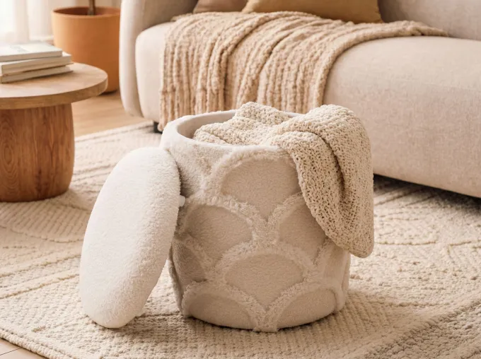 Sitzhocker mit Stauraum Teddy Stoff 40cm Creme Stoffhocker Rund Polsterhocker