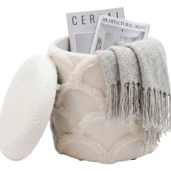 Sitzhocker mit Stauraum Teddy Stoff 40cm Creme Stoffhocker Rund Polsterhocker