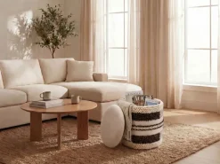Sitzhocker mit Stauraum Wolle 40cm Beige Stoffhocker Rund Polsterhocker Stoff