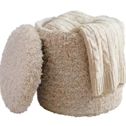 Sitzhocker mit Stauraum Wolle 40cm Beige Stoffhocker Rund Polsterhocker Stoff