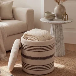Sitzhocker mit Stauraum Wolle 40cm Beige Stoffhocker Rund Polsterhocker Stoff