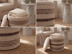 Sitzhocker mit Stauraum Wolle 40cm Beige Stoffhocker Rund Polsterhocker Stoff