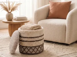 Sitzhocker mit Stauraum Wolle 40cm Beige Stoffhocker Rund Polsterhocker Stoff