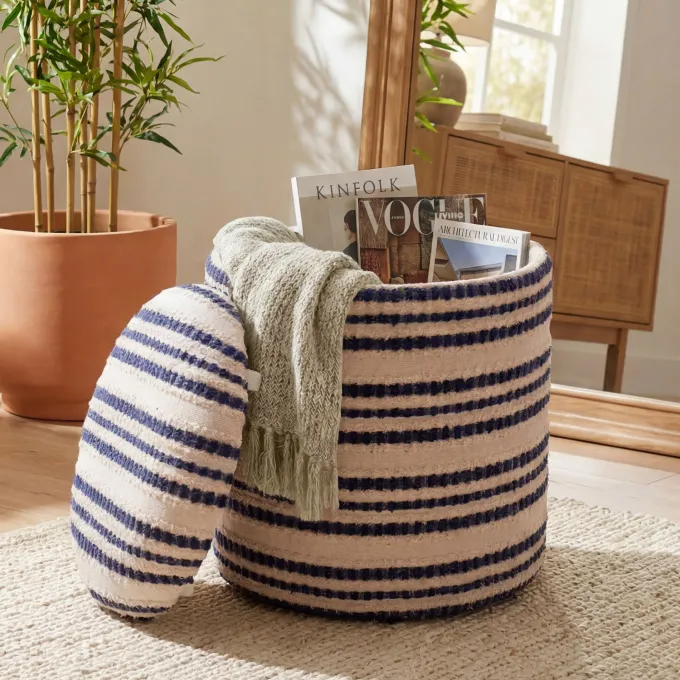 Sitzhocker Stauraum Baumwolle 40cm Beige Stoffhocker Rund Polsterhocker Stoff